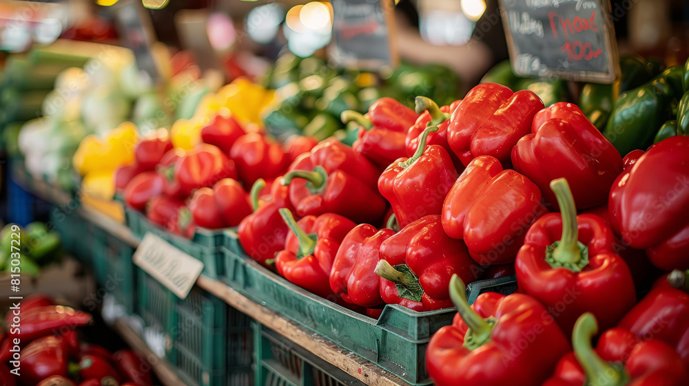 A market stall with an abundance of red, yellow, and green bell peppers. A market stall with an abundance of red, yellow, and green bell peppers.