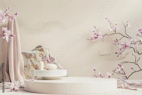 Marble podium for bathing product display on blurred bathroom background - generative ai. Beautiful simple AI generated image in 4K  unique.
