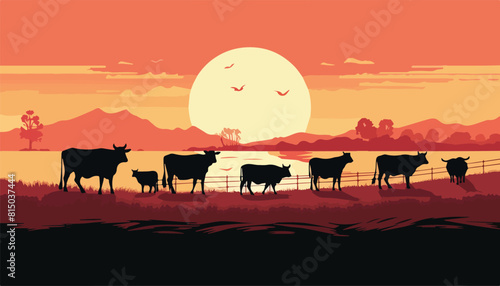 Cattle in the meadow at sunset. Vector illustration for your design