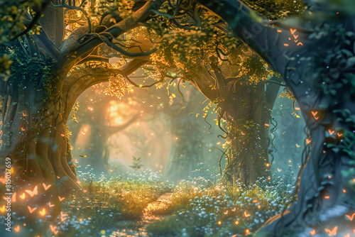 Beautiful enchanted forest with lights