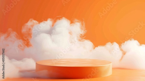 Abstract background smoke pedestal for product presentation, water orange podium product display 3d rendering hyper realistic 