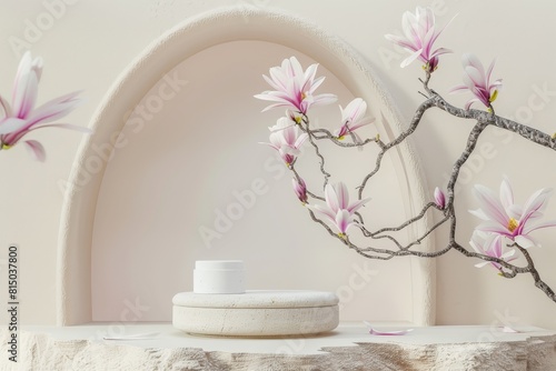 Marble podium for bathing product display on blurred bathroom background - generative ai. Beautiful simple AI generated image in 4K  unique.