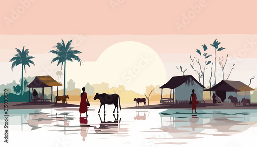 Vector illustration of people walking on the river at sunset in the countryside