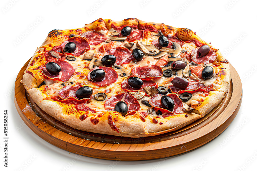 a pizza with pepperoni olives and mushrooms on a wooden platter a pizza with pepperoni olives and mushrooms on a wooden platter