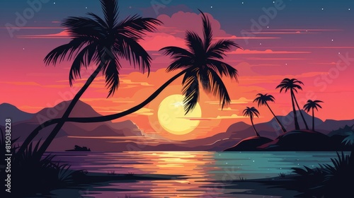 The setting sun casts a pink and purple glow on the ocean and palm trees.