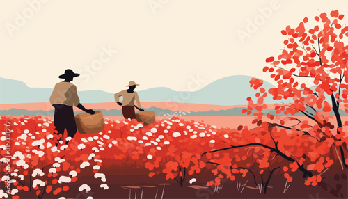 Vector illustration of a farmer working in the field with cotton flowers.