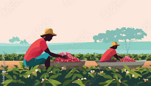 Vector illustration of farmer picking tea leaves in the field. Flat style.