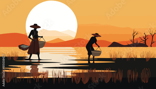Silhouette of farmer on the lake at sunset, vector illustration