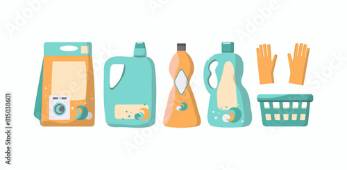 Cleaning supplies set for washing in the washing machine. Household products for home hygiene, washing and cleaning. Packages and bottles with household chemicals.