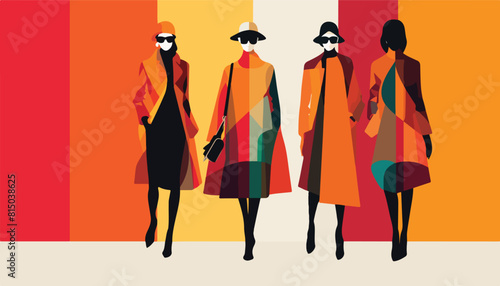 Fashionable women in a coat and hat. Vector illustration.
