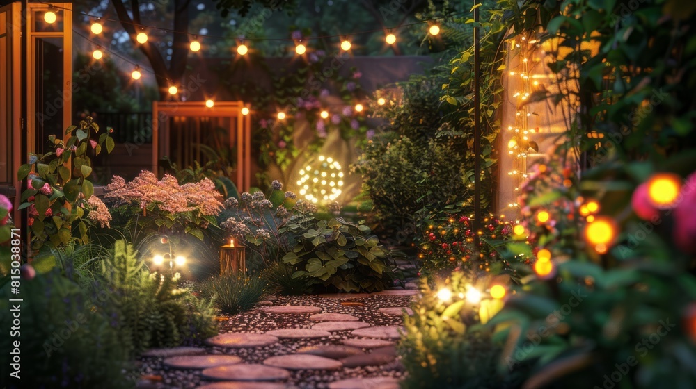 Evening Garden with Festive Lights. Evening Garden with Festive Lights.