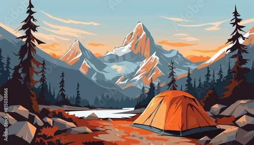 Camping in the mountains. Vector illustration in a flat style.