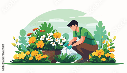 Gardening flat vector illustration. Man watering flowers in the garden