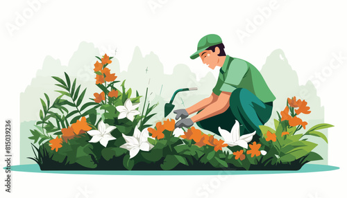 Gardener working in the garden. Gardening. Vector illustration