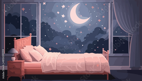 Night bed with pillows and a blanket in the bedroom. Vector illustration