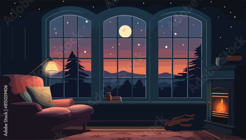 Illustration of a cozy living room at night with a view of the mountains and the window