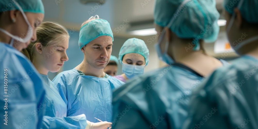 A team of concentrated surgeons and nurses in blue scrubs performs a surgery in a modern operating theatre A team of concentrated surgeons and nurses in blue scrubs performs a surgery in a modern operating theatre