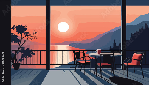 Vector illustration of a terrace with a view of the mountains and sunset