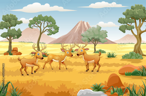 Deer in the savanna. Cartoon of wild animals. Vector illustration.