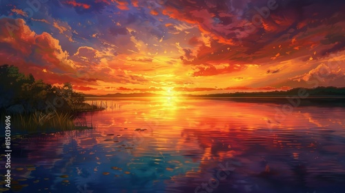 An image of a vibrant sunset over a serene lake, with colorful reflections shimmering on the water hyper realistic  © Business Pics