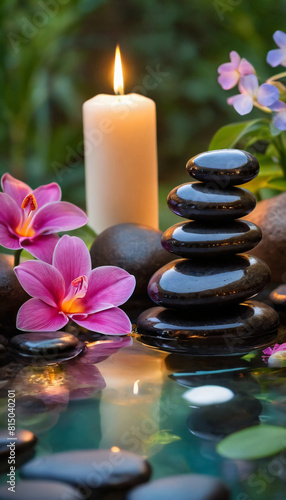 Burning candles in a spa near water with smooth stones for massage with lotus and orchid flowers.