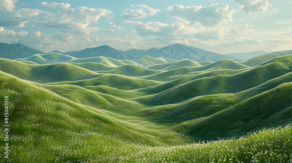 Beautiful spring landscape scene with rolling green hills. Generative ai hyper realistic 