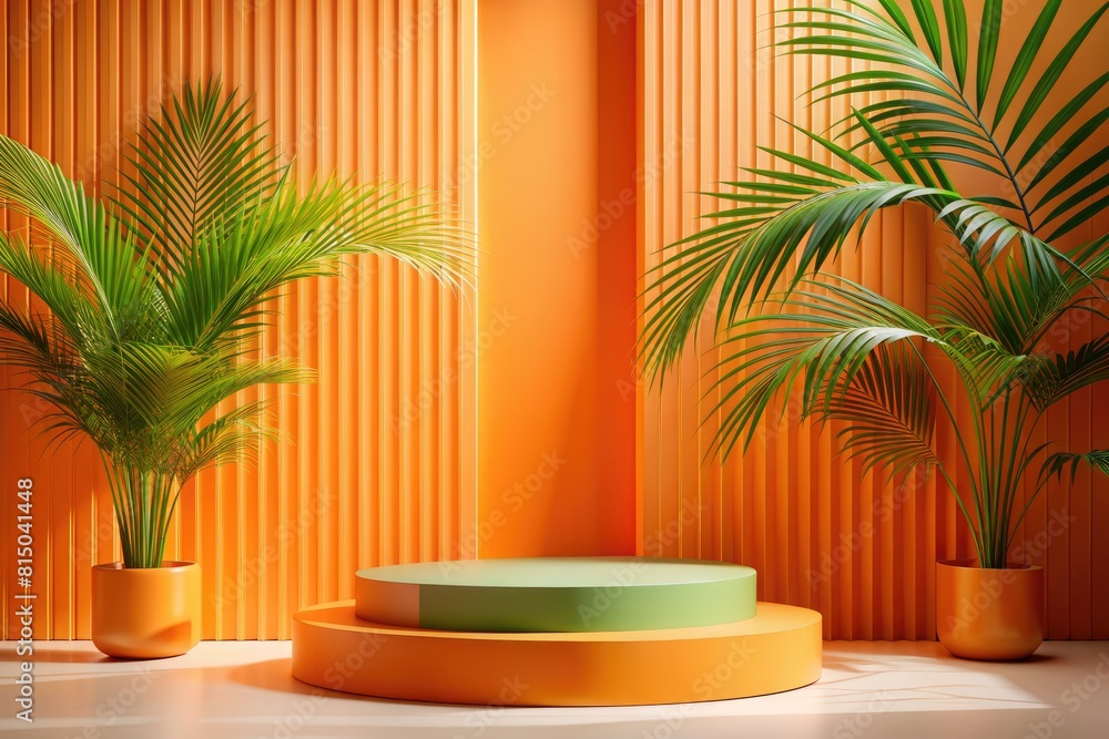 Abstract minimal scene with orange podium and palm leaves. Abstract minimal scene with orange podium and palm leaves.