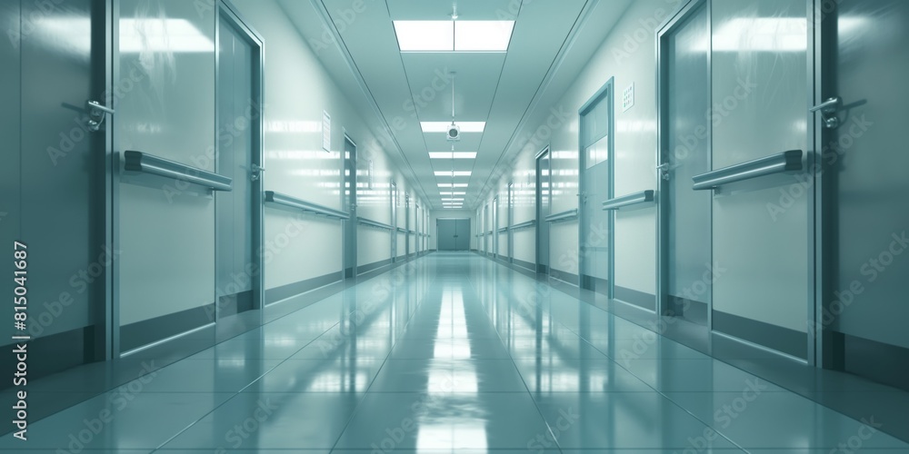 A long and empty corridor inside a hospital with a modern, sterile appearance A long and empty corridor inside a hospital with a modern, sterile appearance