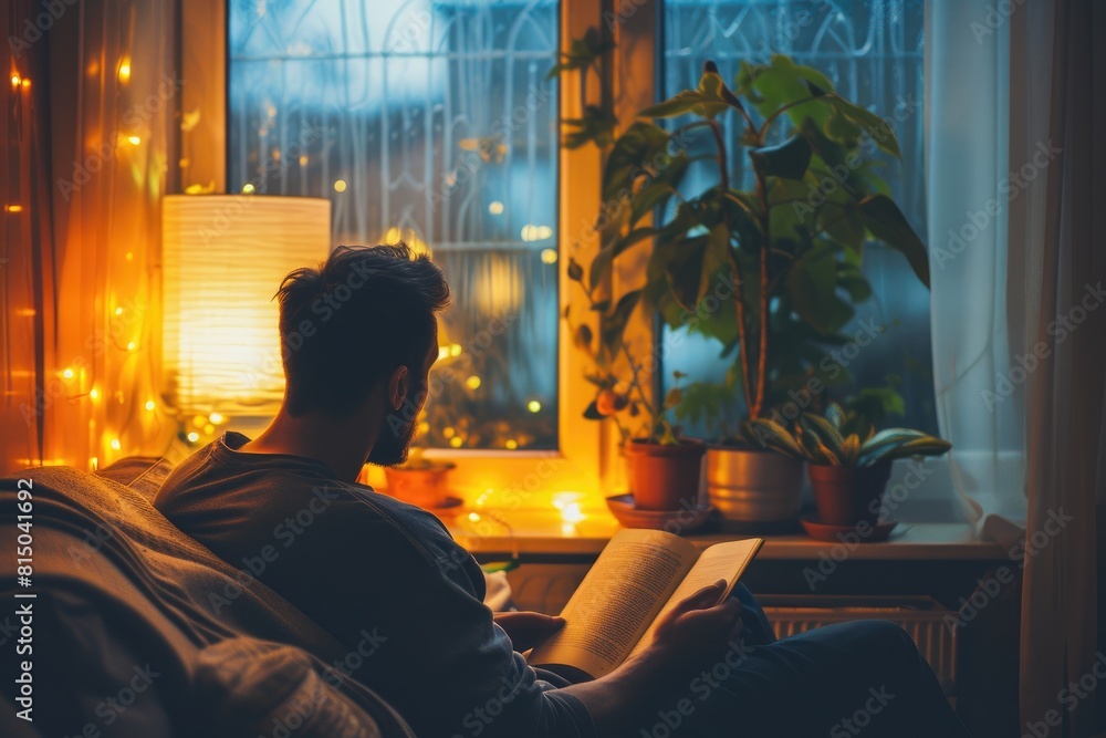 Solitude in Serenity: Man Reading by Window at Night Solitude in Serenity: Man Reading by Window at Night
