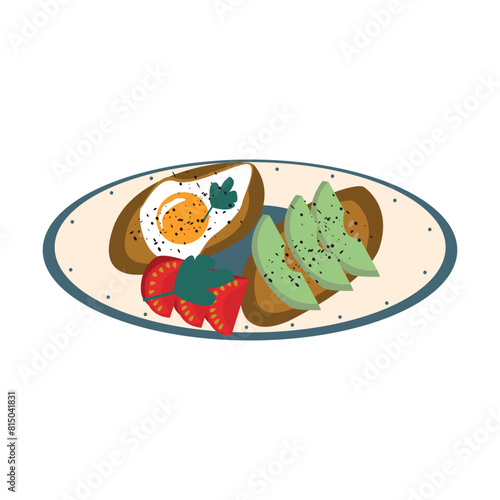 Vector illustration of avocado toast in plate for breakfast.