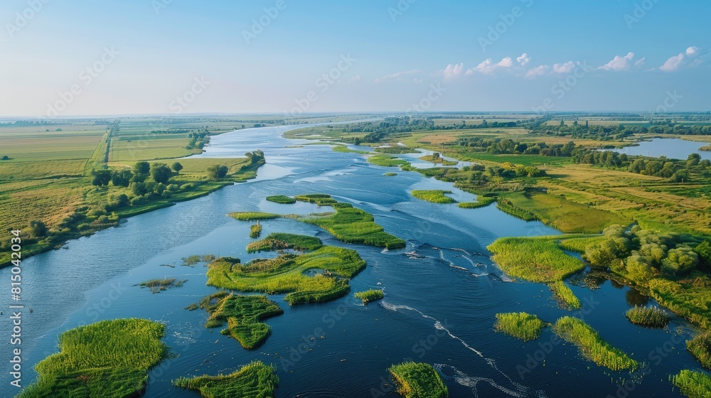 A vast body of water with reed farms along its edges A vast body of water with reed farms along its edges