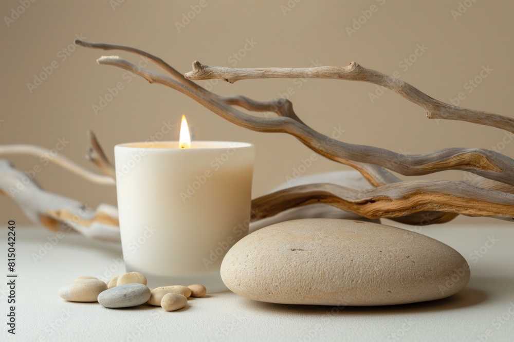 Mockup beige soy candle on a stone, with driftwood behind it, beige color background. Copy space for text. Concept: eco life, vegan product, handmade, natural, still life Mockup beige soy candle on a stone, with driftwood behind it, beige color background. Copy space for text. Concept: eco life, vegan product, handmade, natural, still life