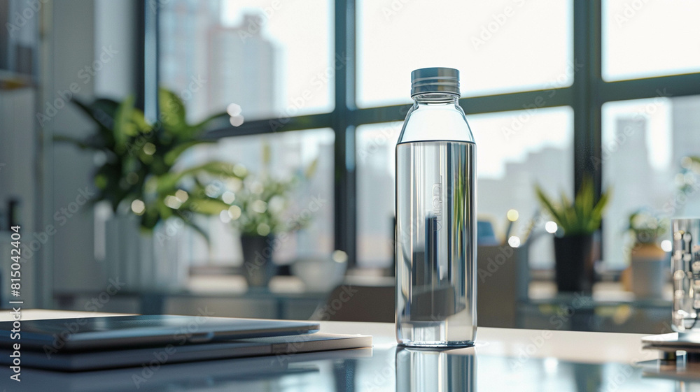 water bottle resting on a office desk water bottle resting on a office desk