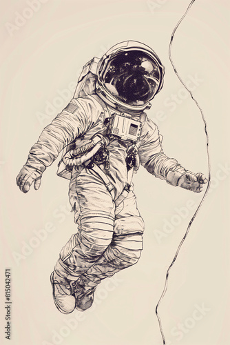.Illustration of astronaut floating in void of space, secured by cable. Stylized art on simple light background.