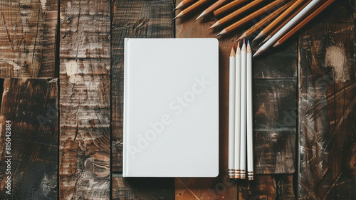 white book mockup arranged neatly on a rustic wooden surface
