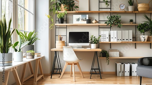 A Scandinavian home office with a clean white desk, ergonomic chair, and organized shelves for a clutterfree environment