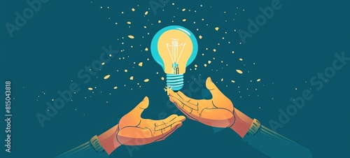 Two hands pass each other a lamp bulb. Exchange of ideas and experiences  brainstorming  creative group concert. Vector illustration. 