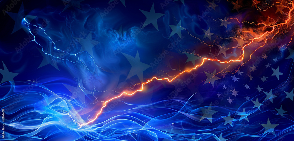 Patriotic elements fluidly merge with a luminous indigo and orange lightning bolt. Patriotic elements fluidly merge with a luminous indigo and orange lightning bolt.