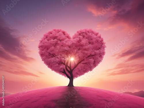 A pink tree in the shape of heart at sunset sky with copy space, Surreal landscape, sun
