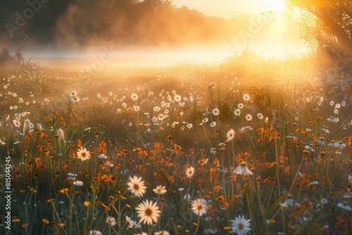 Majestic sunrise over the misty meadow, casting long shadows and illuminating wildflowers in golden hues Generative AI © SKIMP Art