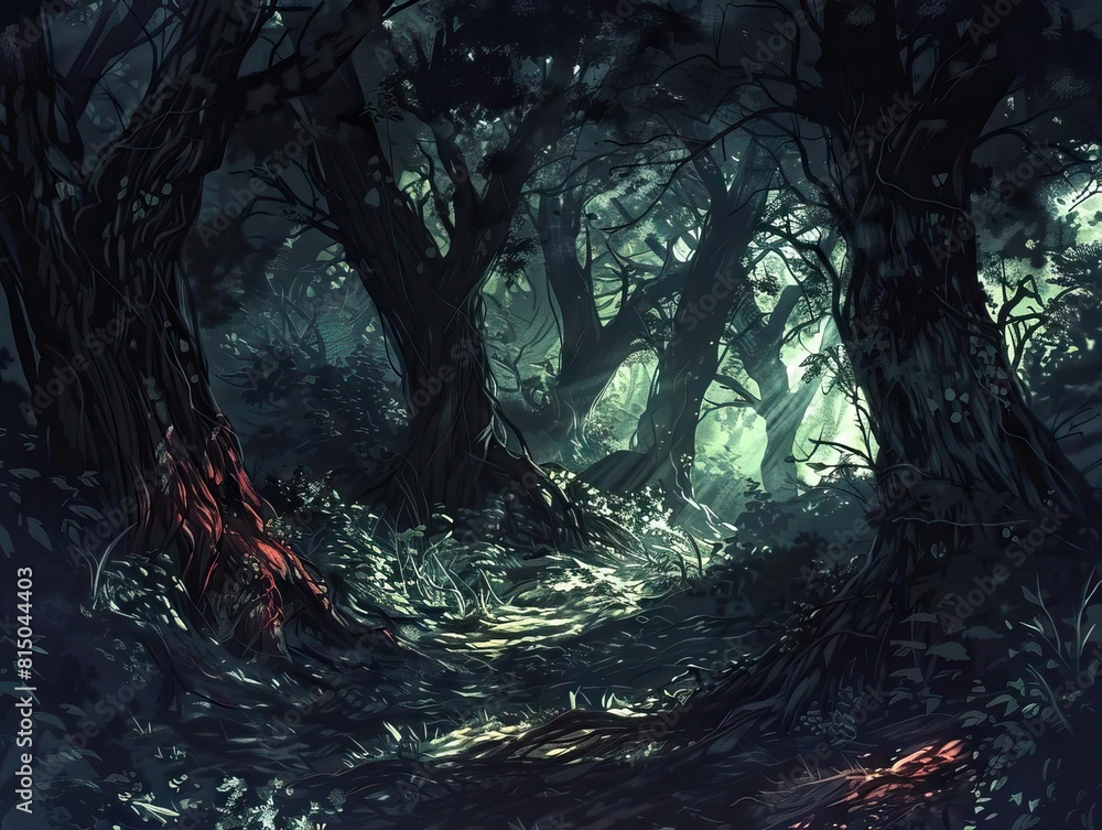 Mysterious Dark Forest Landscape with Twisted Trees, Overgrown Path, and Ethereal Lighting