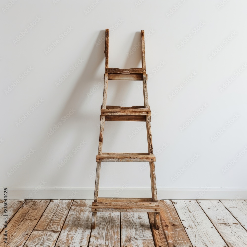 Enchanting Wooden Ladder Against a Pristine White Wall, Adorned by a Vintage Wooden Floor Enchanting Wooden Ladder Against a Pristine White Wall, Adorned by a Vintage Wooden Floor