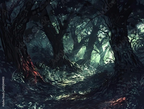 Mysterious Dark Forest Landscape with Twisted Trees  Overgrown Path  and Ethereal Lighting