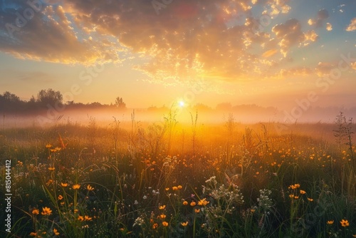 Sunrise over the meadow  foggy field with tall grass and wildflowers  golden sunlight casting long shadows  serene nature scene Generative AI