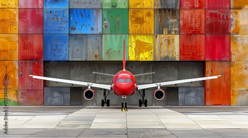 Cargo aircraft flying above vibrant and colorful shipping containers in a dynamic aerial perspective