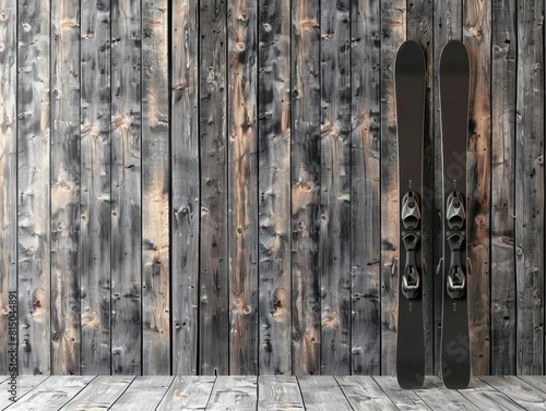 Modern Minimalist Black Skis Adorning a Wooden Wall photo