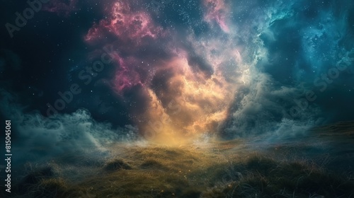 Entrance to an alternate universe with vibrant nebula-like smoke cascading onto the earth  under a starry sky amidst grassy hills at night 