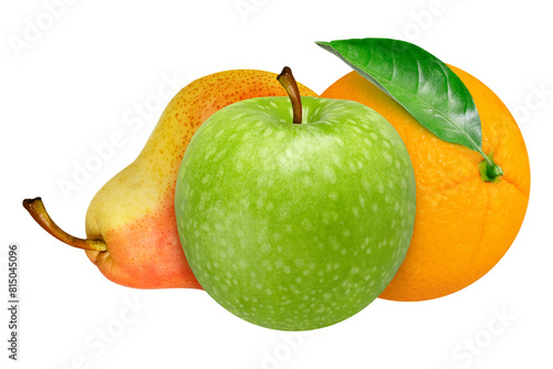 Green apple, pear and orange on an isolated white background.