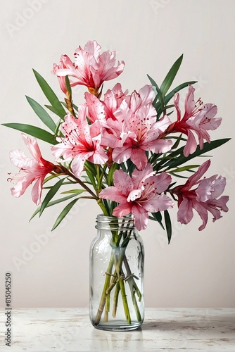 Wallpaper Mural a bouquet of freshly picked oleander flowers in a glass vase or jar, positioned on a white tabletop Torontodigital.ca