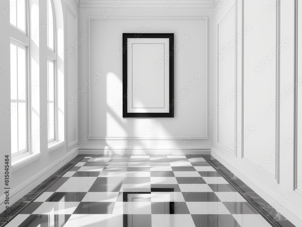 Minimalist Elegance: Blank Black Picture Frame Adorns Wall and Floor